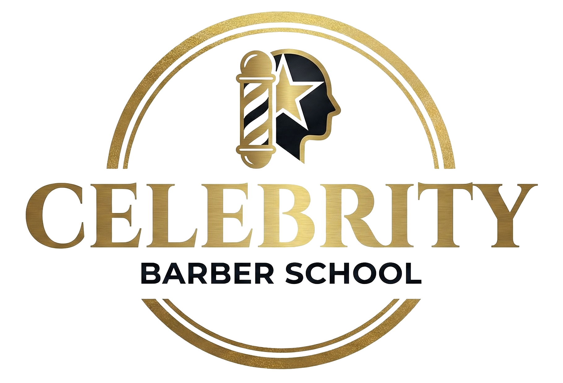 Gold and black Elebrit Barber School logo with silhouette and star.